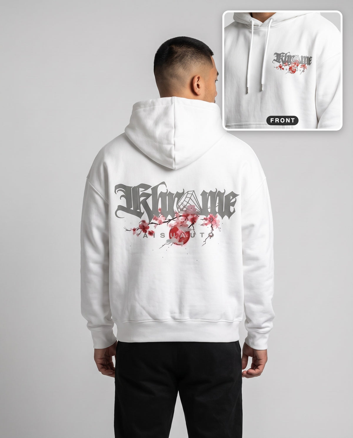 White Kuromu Sakura Hoodie by KHROME AISUAUTO worn by a model, back print with front chest logo detail