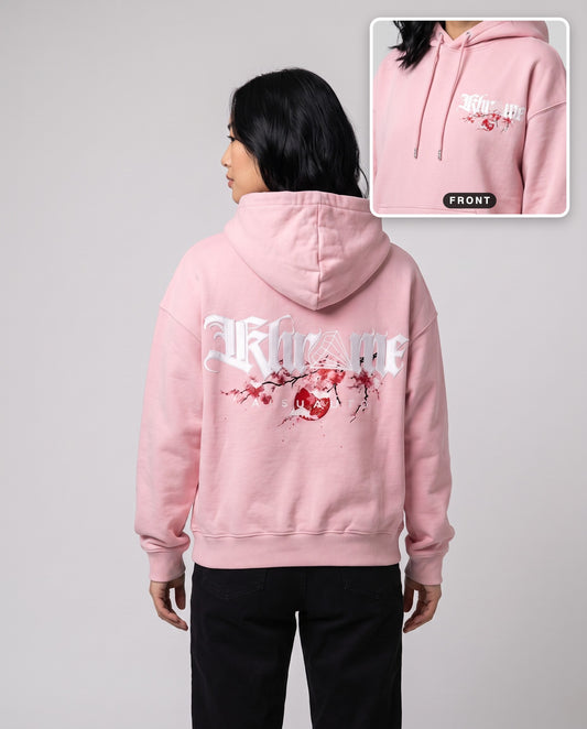 Baby Pink Kuromu Sakura Hoodie by KHROME AISUAUTO worn by a model, back print with front chest logo detail