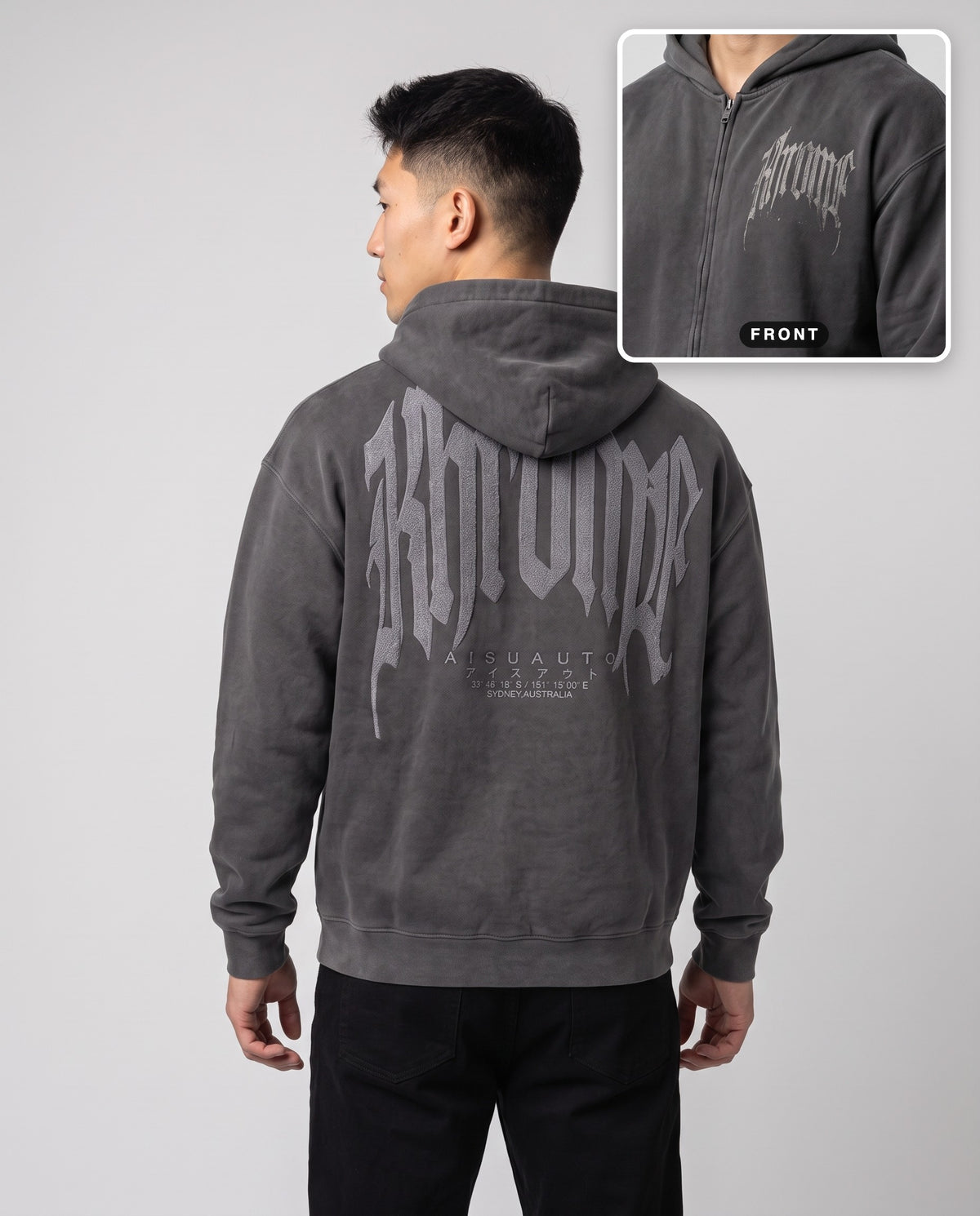 Faded Grey Urban Street Hoodie by KHROME AISUAUTO worn by a model, back print with front chest logo detail