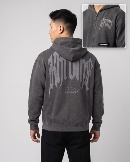 Faded Grey Urban Street Hoodie by KHROME AISUAUTO worn by a model, back print with front chest logo detail