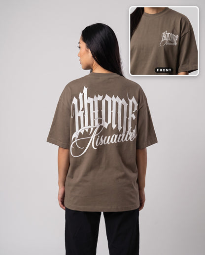 Walnut Minimarisuto T-Shirt by KHROME AISUAUTO worn by a model, back print with front chest logo detail