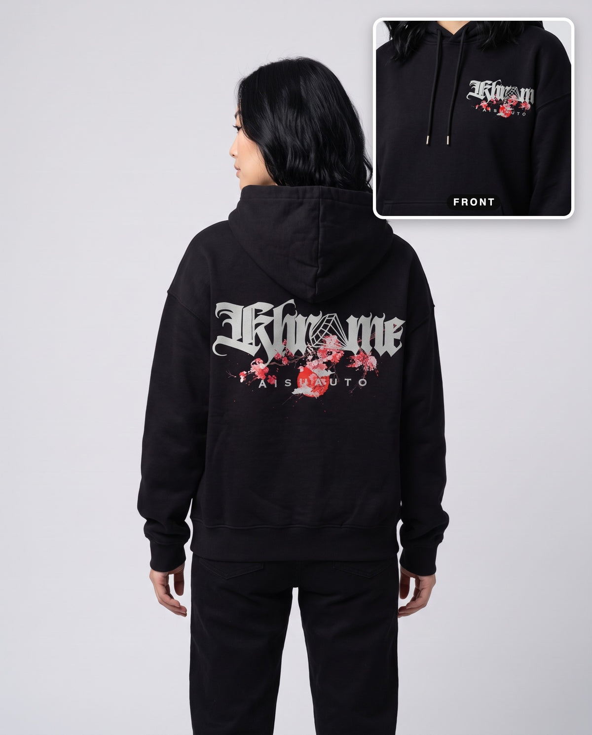 Black Kuromu Sakura Hoodie by KHROME AISUAUTO worn by a model, back print with front chest logo detail