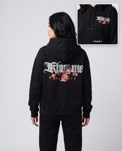 Black Kuromu Sakura Hoodie by KHROME AISUAUTO worn by a model, back print with front chest logo detail