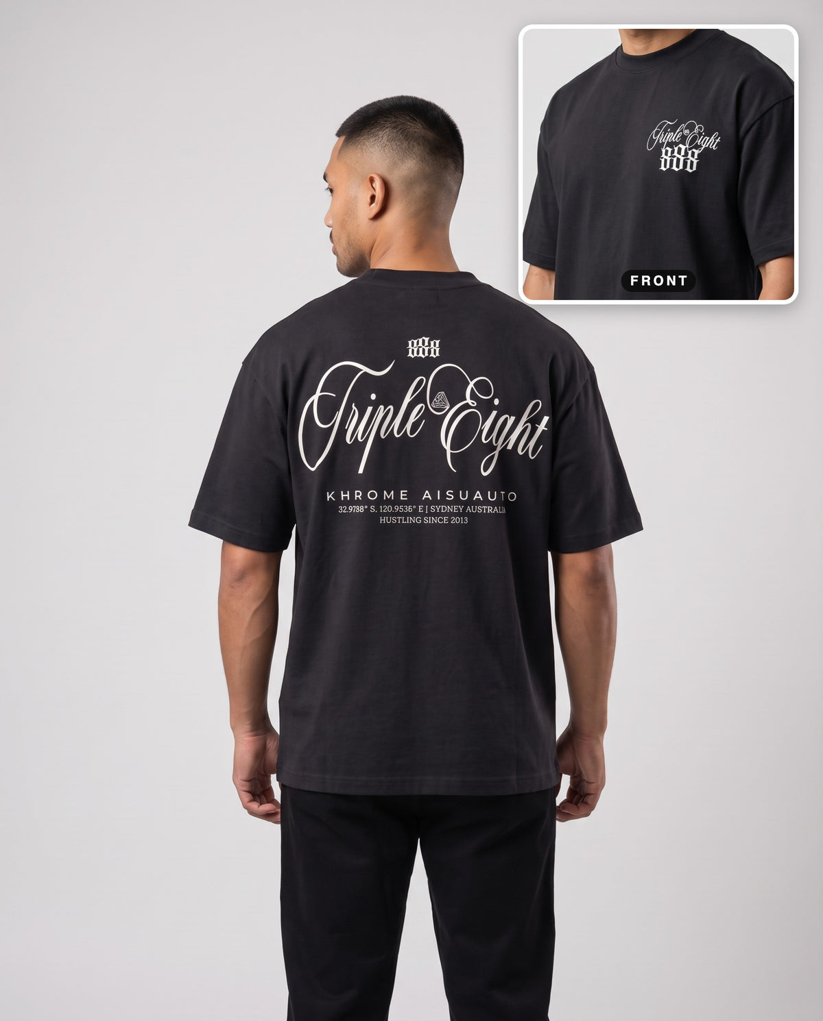 Black Triple Eight T-Shirt by KHROME AISUAUTO worn by a model, back print with front chest logo detail