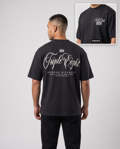 Black Triple Eight T-Shirt by KHROME AISUAUTO worn by a model, back print with front chest logo detail