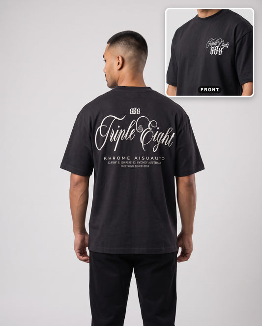 Black Triple Eight T-Shirt by KHROME AISUAUTO worn by a model, back print with front chest logo detail