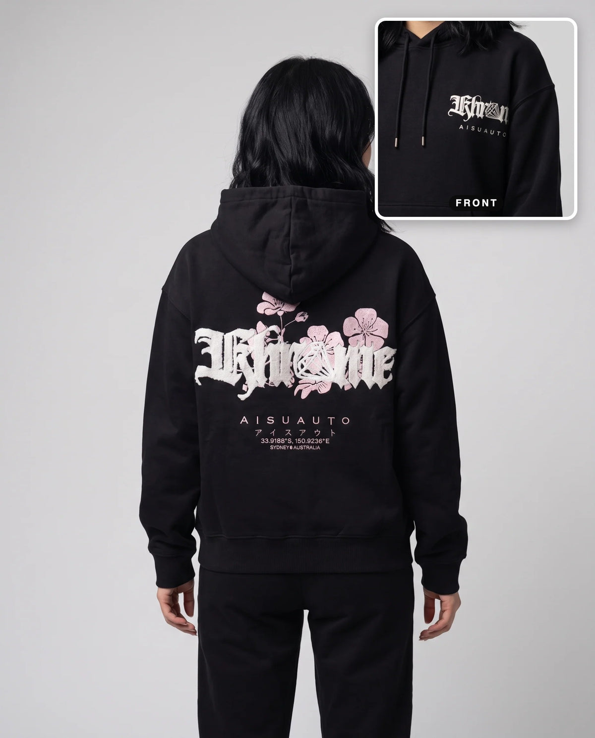 Black Sakurasheniru Hoodie by KHROME AISUAUTO worn by a model, back print with front chest logo detail