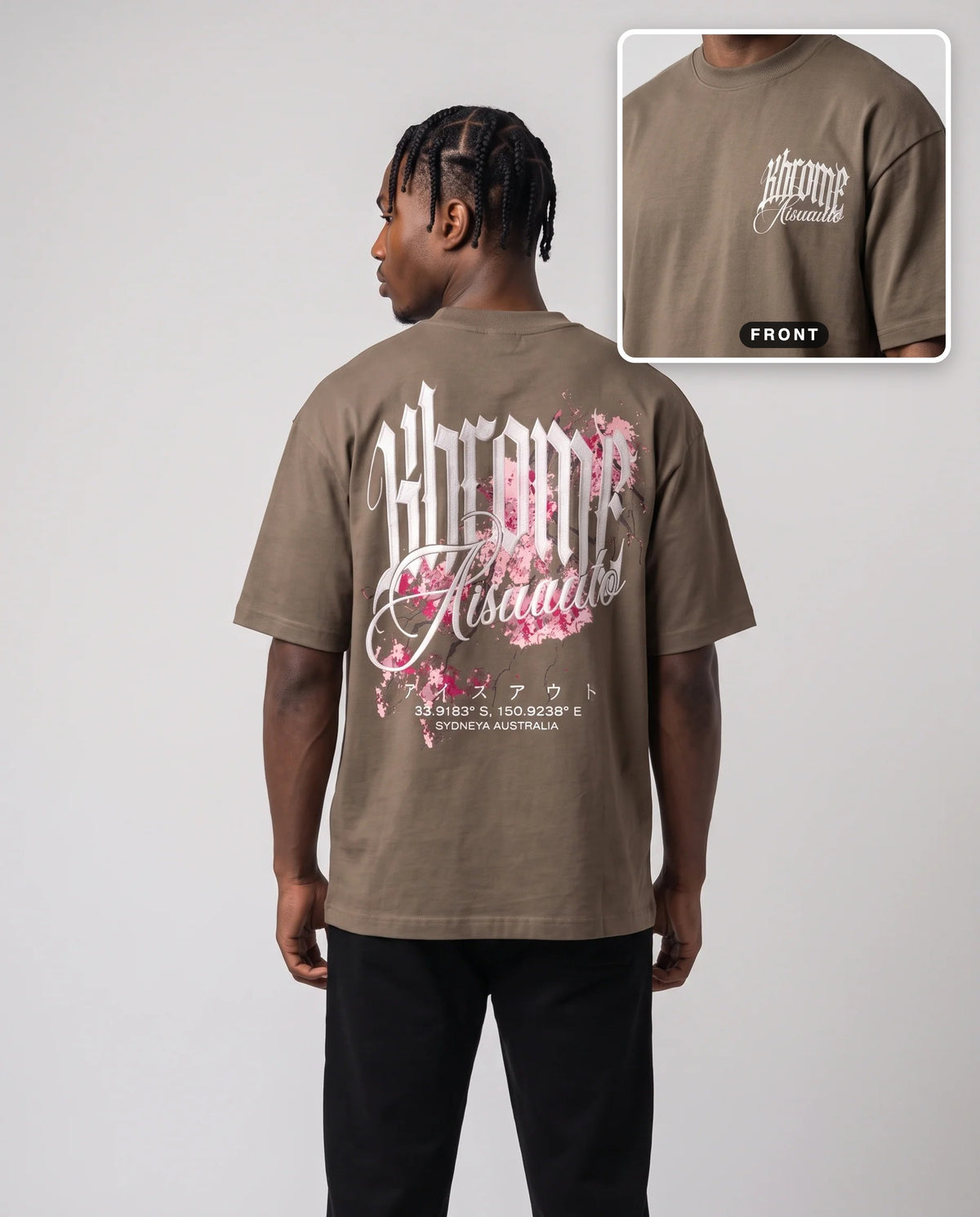 Walnut Minimarisuto Sakura T-Shirt by KHROME AISUAUTO worn by a model, back print with front chest logo detail