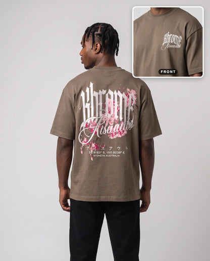 Walnut Minimarisuto Sakura T-Shirt by KHROME AISUAUTO worn by a model, back print with front chest logo detail