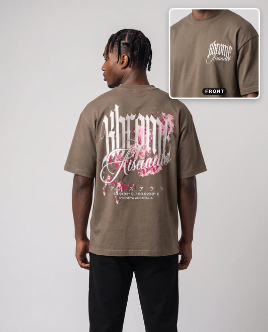 Walnut Minimarisuto Sakura T-Shirt by KHROME AISUAUTO worn by a model, back print with front chest logo detail