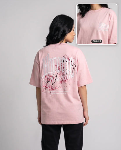 Pink Minimarisuto Sakura T-Shirt by KHROME AISUAUTO worn by a model, back print with front chest logo detail