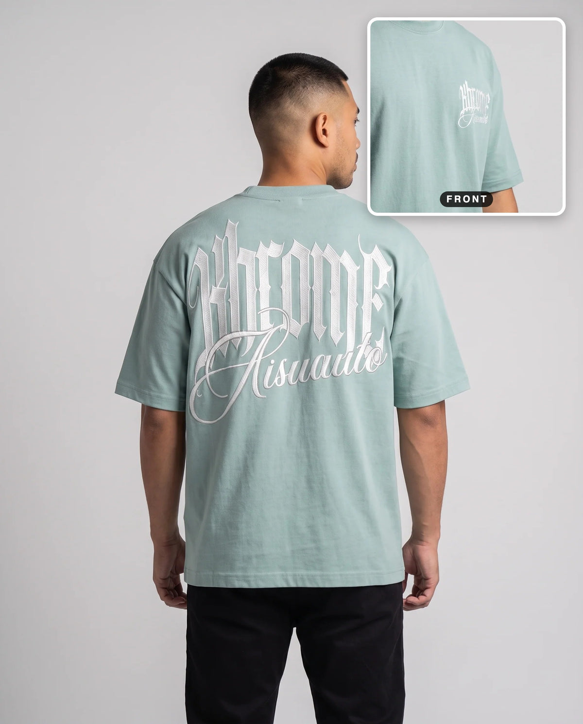 Teal Minimarisuto T-Shirt by KHROME AISUAUTO worn by a model, back print with front chest logo detail