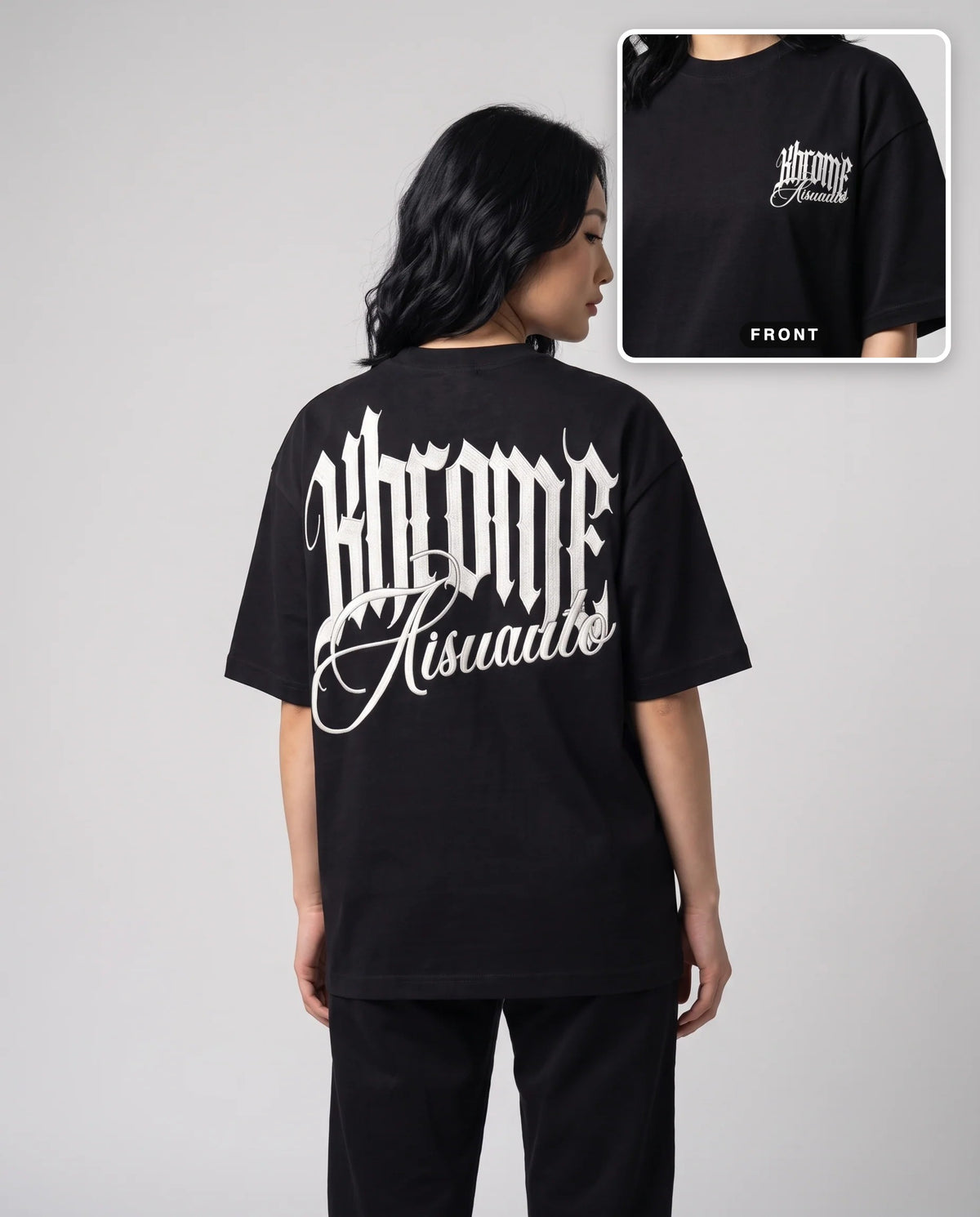 Black Minimarisuto T-Shirt by KHROME AISUAUTO worn by a model, back print with front chest logo detail