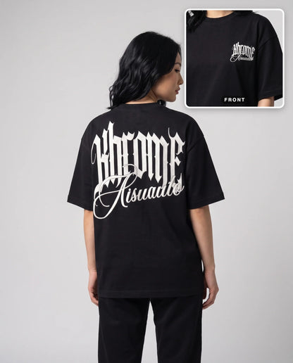 Black Minimarisuto T-Shirt by KHROME AISUAUTO worn by a model, back print with front chest logo detail