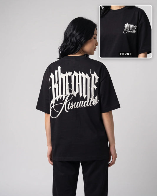 Black Minimarisuto T-Shirt by KHROME AISUAUTO worn by a model, back print with front chest logo detail