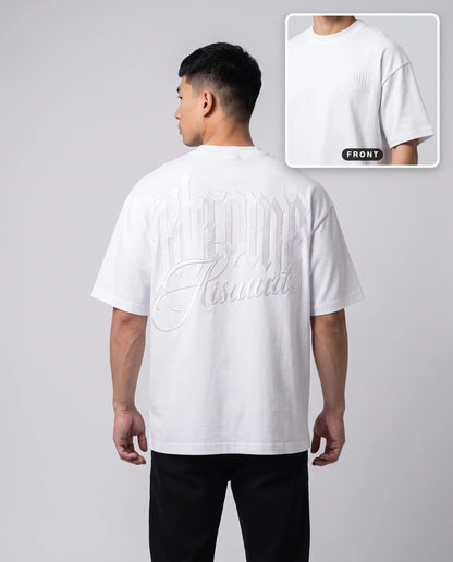 White Minimarisuto T-Shirt by KHROME AISUAUTO worn by a model, back print with front chest logo detail