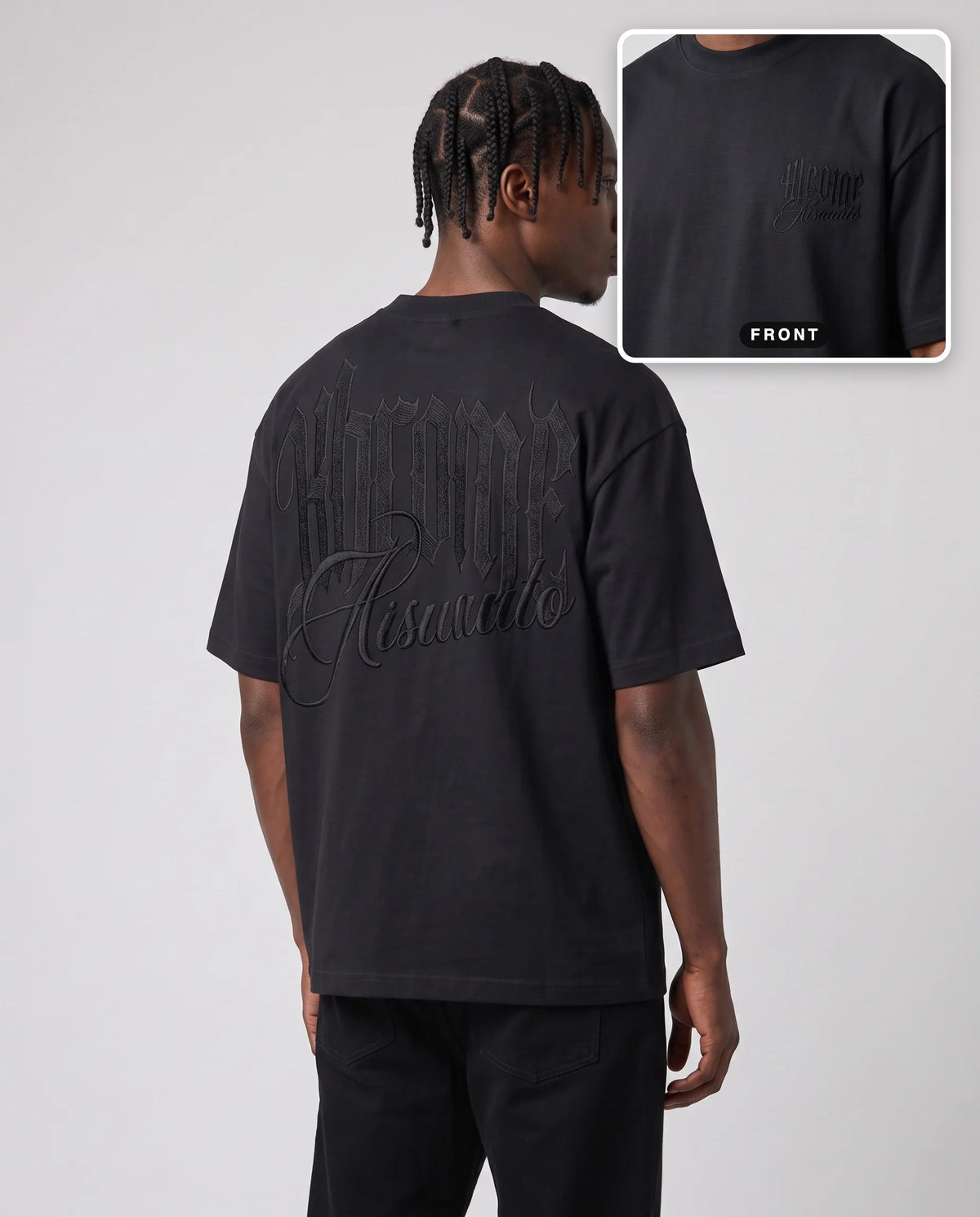 Black Minimarisuto T-Shirt Black On Black by KHROME AISUAUTO worn by a model, back print with front chest logo detail