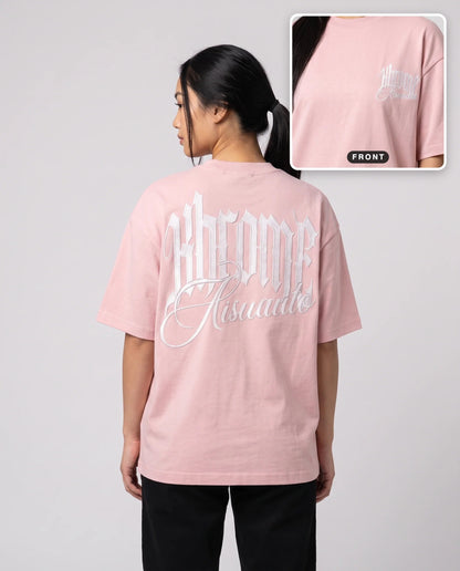 Pink Minimarisuto T-Shirt by KHROME AISUAUTO worn by a model, back print with front chest logo detail