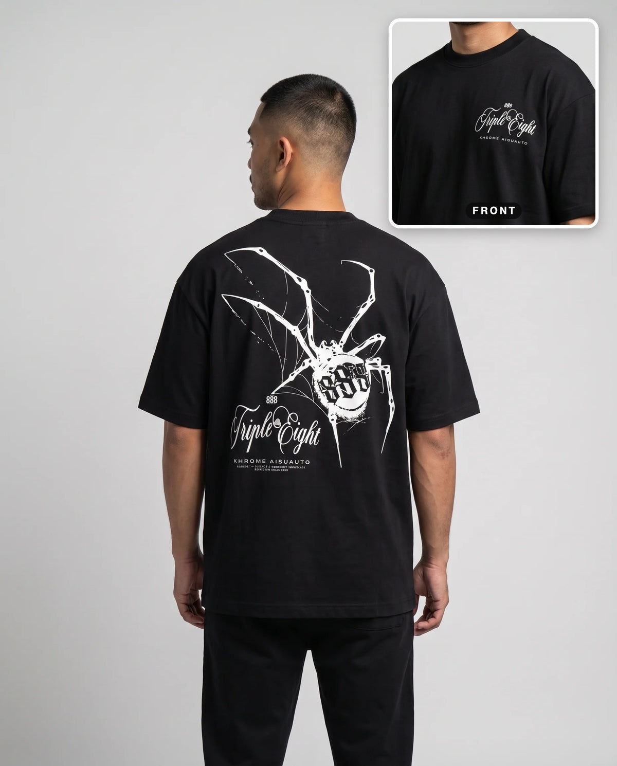 Black Dakusukai Spider T-Shirt by KHROME AISUAUTO worn by a model, back print with front chest logo detail
