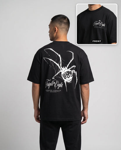 Black Dakusukai Spider T-Shirt by KHROME AISUAUTO worn by a model, back print with front chest logo detail