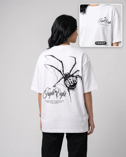 White Dakusukai Spider T-Shirt by KHROME AISUAUTO worn by a model, back print with front chest logo detail