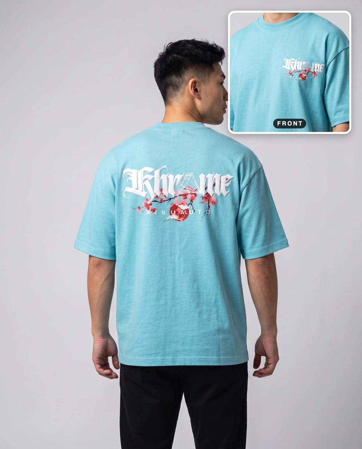 Tiffany Blue Kuromu Sakura T-Shirt by KHROME AISUAUTO worn by a model, back print with front chest logo detail