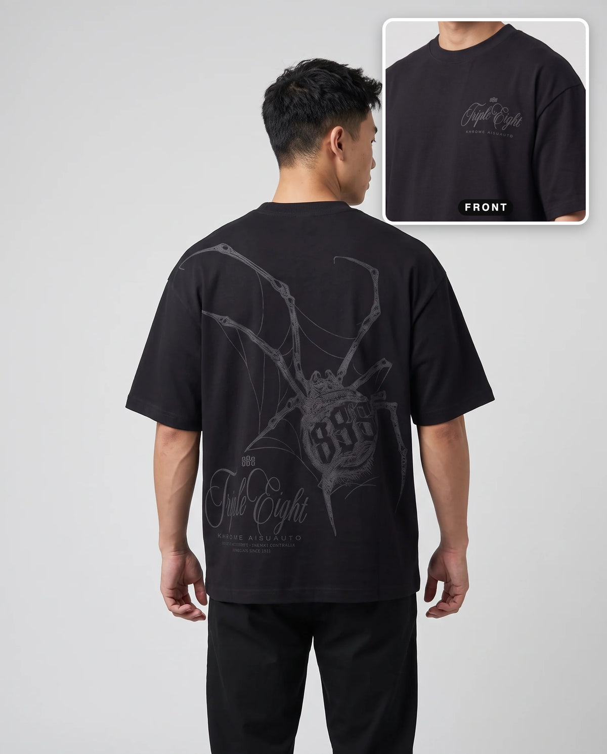 Black Dakusukai Spider T-Shirt Black On Black by KHROME AISUAUTO worn by a model, back print with front chest logo detail