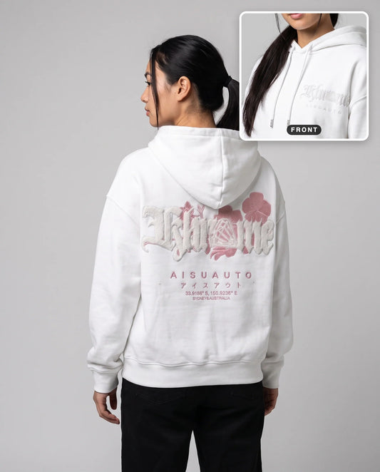 White Sakurasheniru Blossom Hoodie by KHROME AISUAUTO worn by a model, back print with front chest logo detail