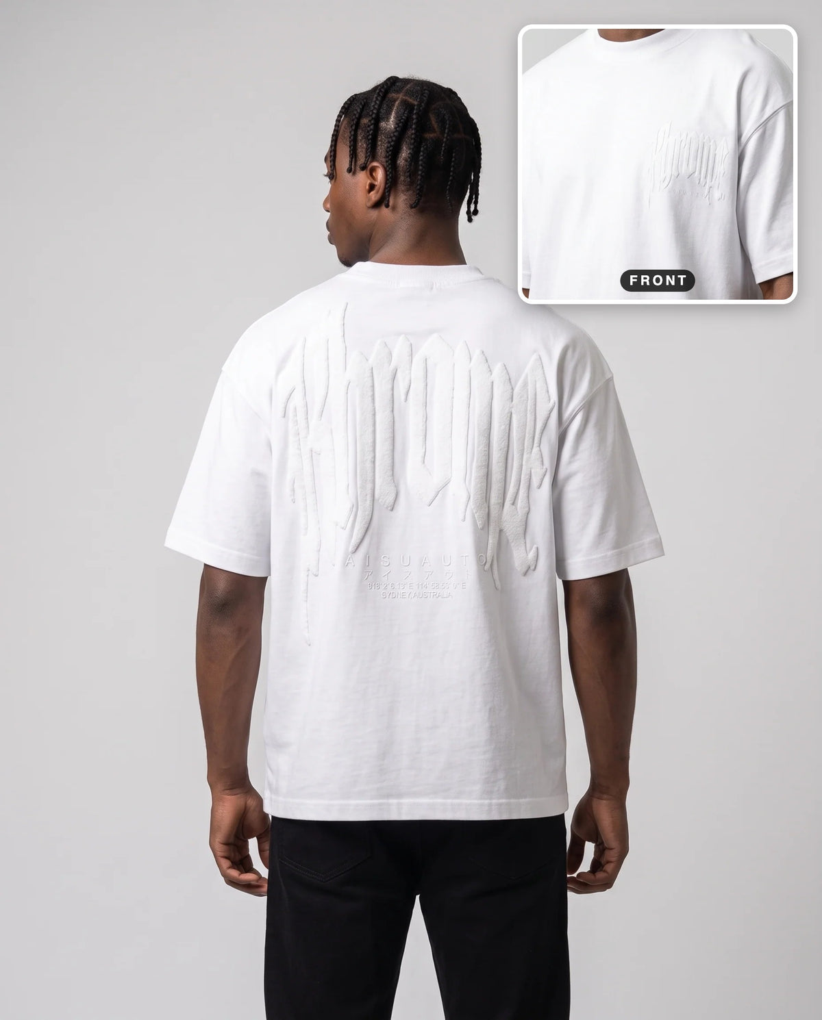 White Urban Street T-Shirt by KHROME AISUAUTO worn by a model, back print with front chest logo detail