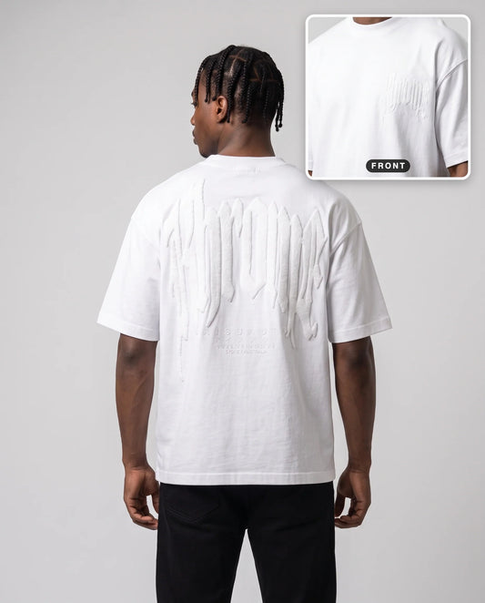 White Urban Street T-Shirt by KHROME AISUAUTO worn by a model, back print with front chest logo detail