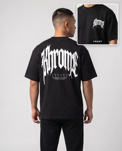Black Urban Street T-Shirt by KHROME AISUAUTO worn by a model, back print with front chest logo detail
