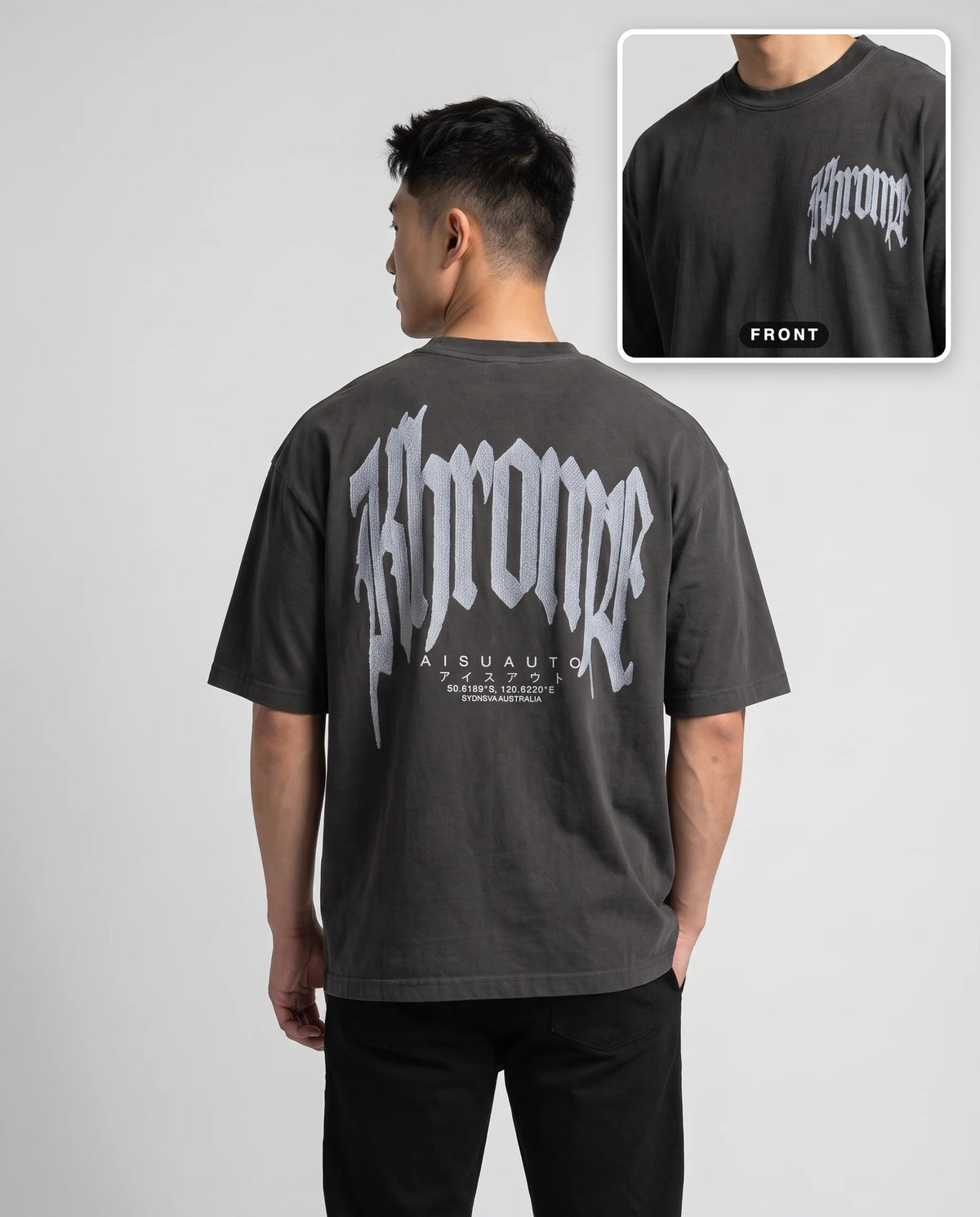 Faded Black Urban Street T-Shirt by KHROME AISUAUTO worn by a model, back print with front chest logo detail