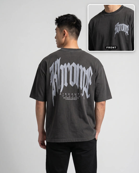 Faded Black Urban Street T-Shirt by KHROME AISUAUTO worn by a model, back print with front chest logo detail