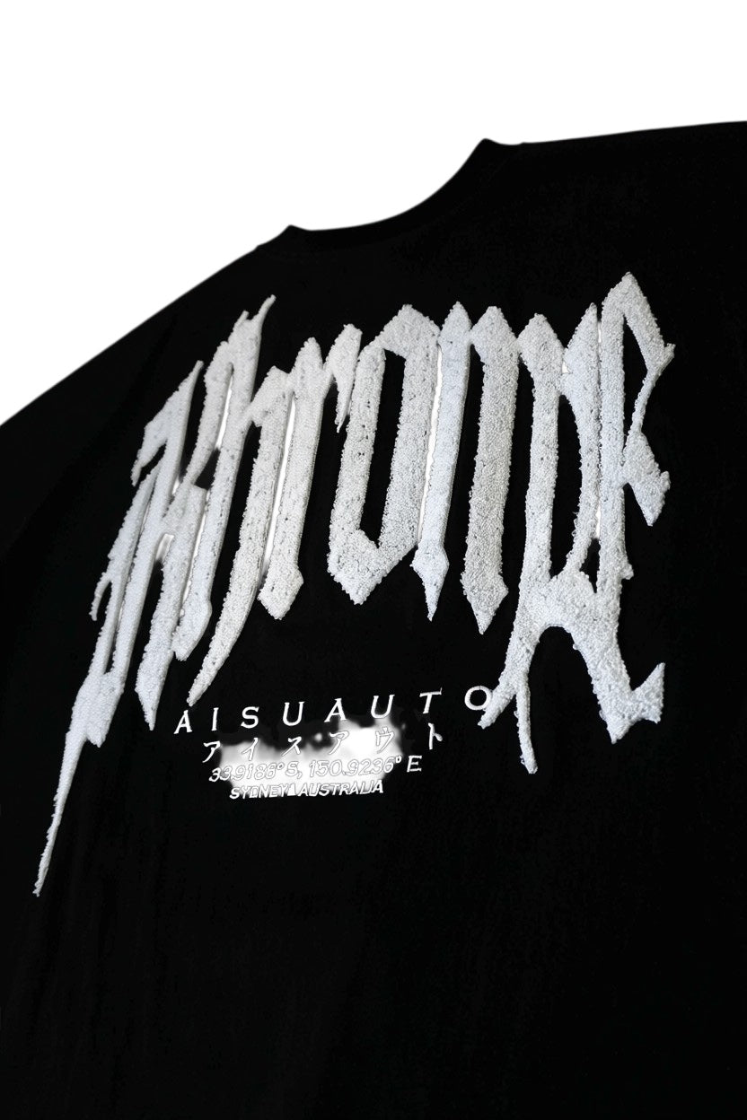 KHROME black 100% cotton oversized t-shirt with white gothic font logo and coordinates.