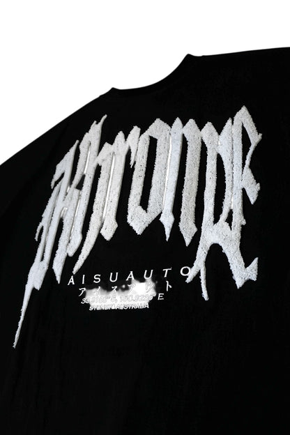KHROME black 100% cotton oversized t-shirt with white gothic font logo and coordinates.