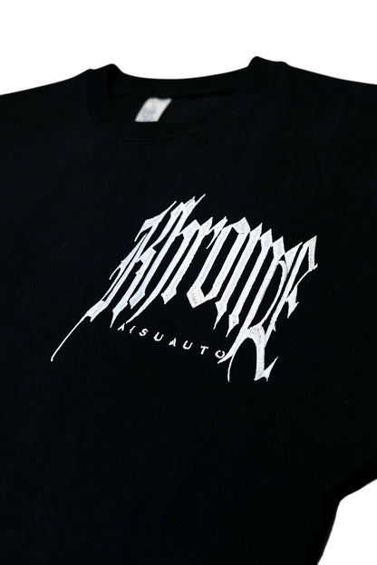 KHROME black 100% cotton oversized t-shirt with gothic logo embroidery and dropped shoulders.