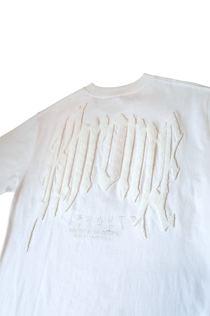 KHROME white cotton t-shirt with embossed graphic design on back and subtle text detail.