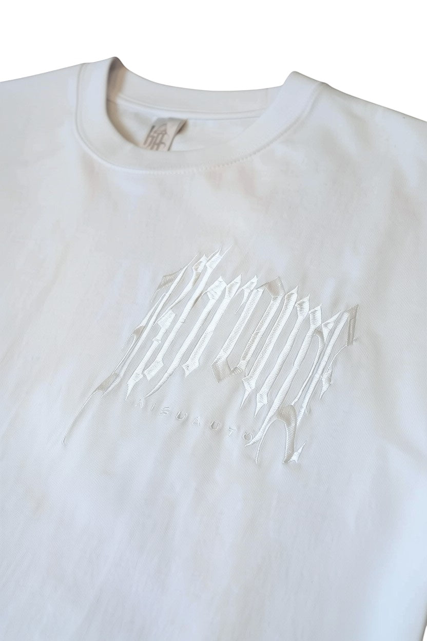 KHROME white cotton t-shirt with embossed gothic graphic design on the chest.