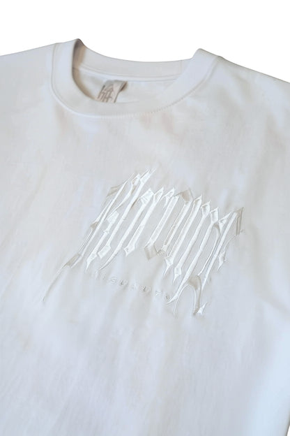 KHROME white cotton t-shirt with embossed gothic graphic design on the chest.
